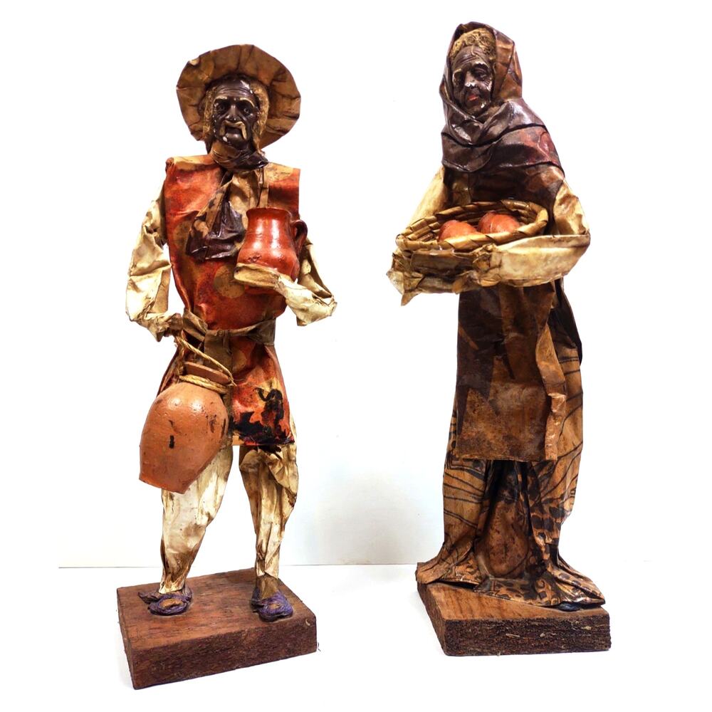 Vintage Mexican Folk Art Paper Mache Figures 14" Handmade Village People Set 2
